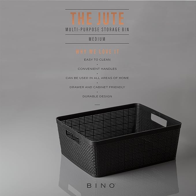 BINO | Woven Plastic Basket | Medium (Black), 4-Pack | THE JUTE COLLECTION | Home Organization, Space - Saving Storage, Stylish Design | Jute Basket | Plastic Storage Basket
