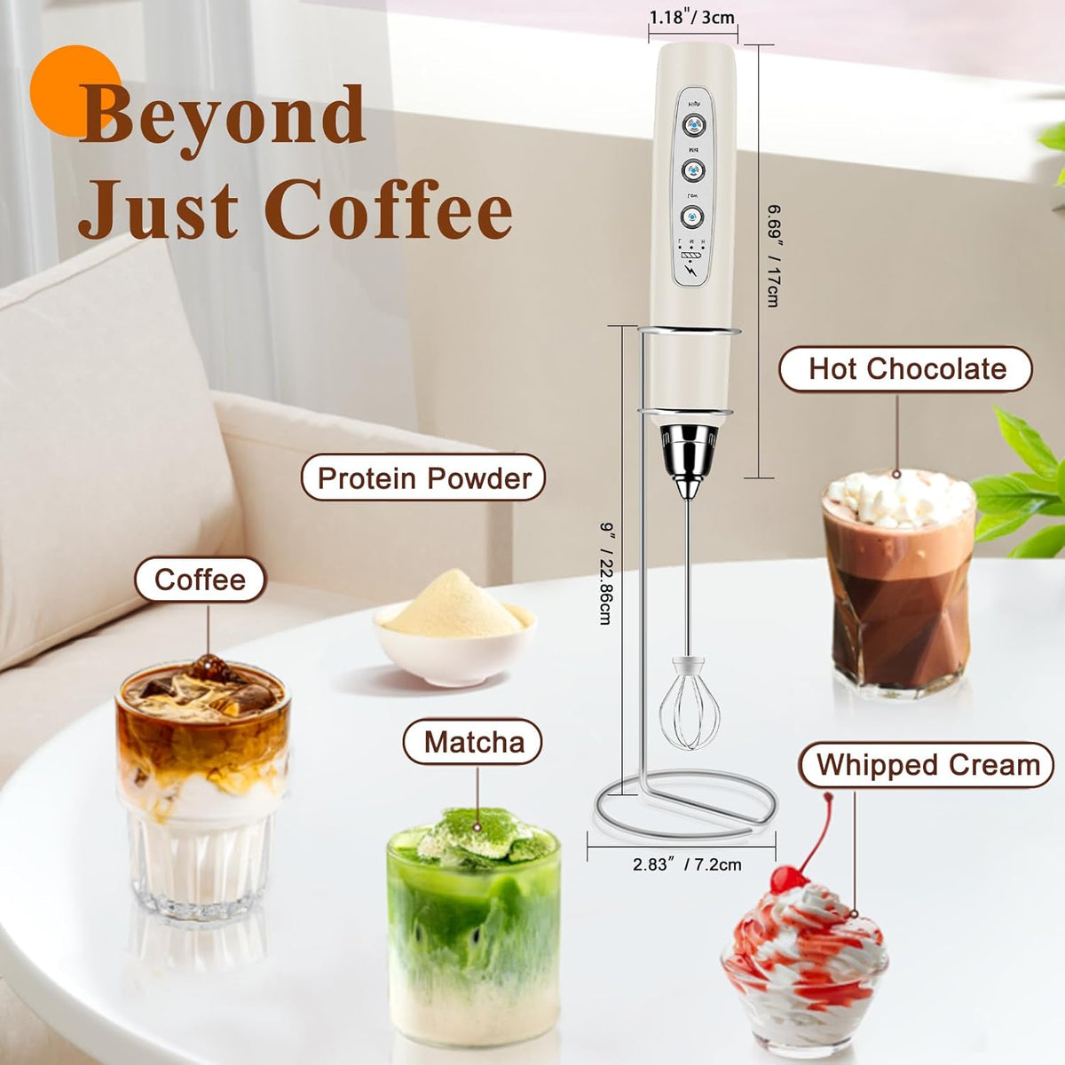Milk Frother Handheld Rechargeable with Stand, Frother Wand Drink Mixer Electric Whisk for Coffee, Detachable With 3 Stainless Whisks