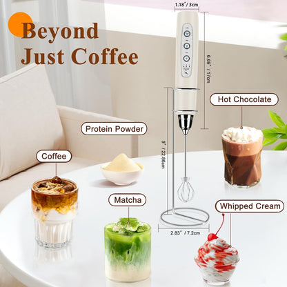 Milk Frother Handheld Rechargeable with Stand, Frother Wand Drink Mixer Electric Whisk for Coffee, Detachable With 3 Stainless Whisks