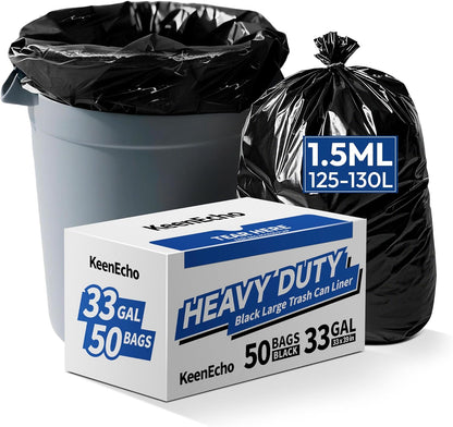 Heavy Duty Contractor Trash Bags 30-33 Gallon 50 Count, 1.5 Mil Extra Thick, Strong Black Garbage Bags, Leakproof Star Seal for Construction, Yard, Demolition Debris