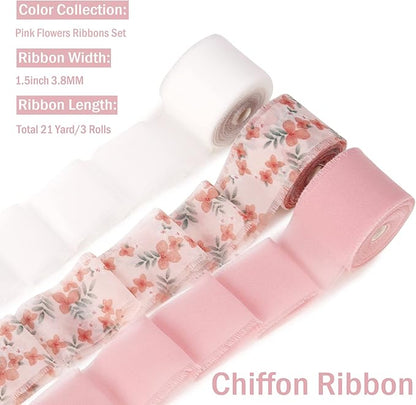 Handmade Fringe Floral Silk Chiffon Ribbons 1.5" x 7 Yards, 3 Rolls 21 Yards Pink Floral Ribbons Set for Wedding Invitations, Bridal Bouquets, Gifts Wrapping, DIY Crafts Decoration