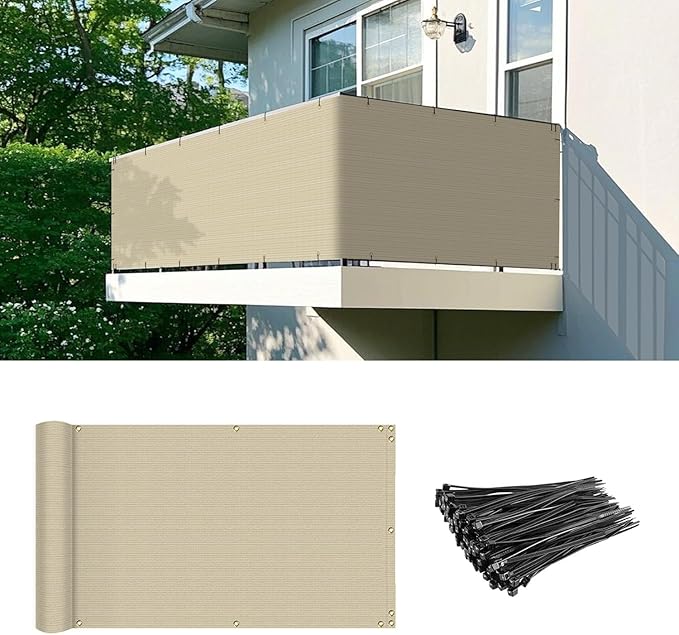 2.5' x 259' Balcony Privacy Screen Fence Cover with Zip Ties Grommets for Apartment Patio Porch Deck Backyard Outdoor (Beige)