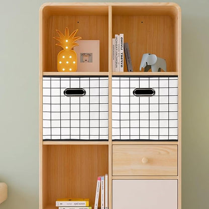 Yunkeeeper storage bins Cubes, Fabric Cube Organizer with Handle, Foldable Cube Bins for Cloth or Accessary Storage, 11x11x11, Set of 6, (White grid)