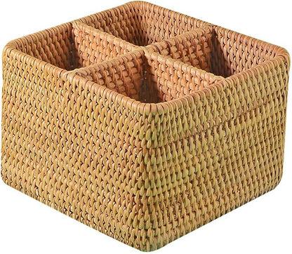 i-lan Natural Rattan 4 Compartments Cooking Utensil Silverware Organizer Holder Cosmetics Storage Box Cutlery Caddy Flatware Serving Basket (180mm 4-Compartment Box)