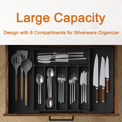 Silverware Drawer Organizer - Expandable Deep Utensil Organizer for Kitchen Drawers(13"-22.4" x 15", Black)