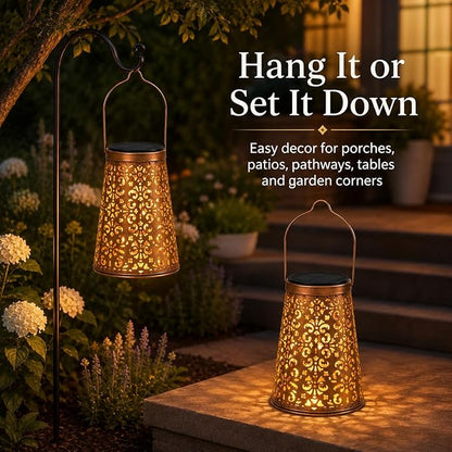 LeiDrail 2 Pack Hummingbird & Flower Solar Lanterns Outdoor, Hanging Waterproof Vintage Metal Lantern, Auto On/Off Garden Patio Yard Porch Pathway Decor, Gifts for Women Mom Grandma