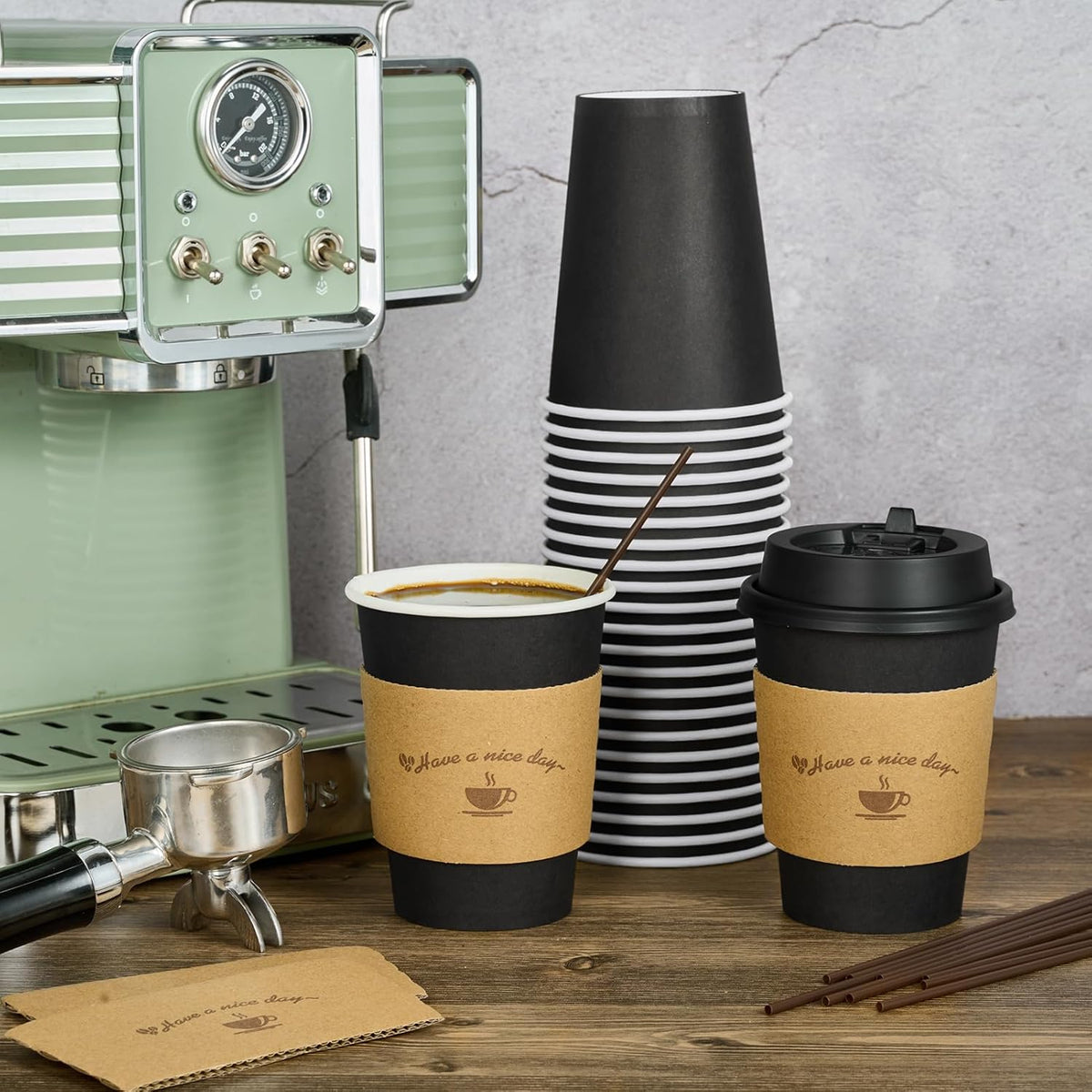Litopak 100 Pack 12 oz Paper Coffee Cups for Hot Chocolate Drinks, Black Disposable Coffee Cups with Lids, Sleeves and Stirring Sticks for Parties
