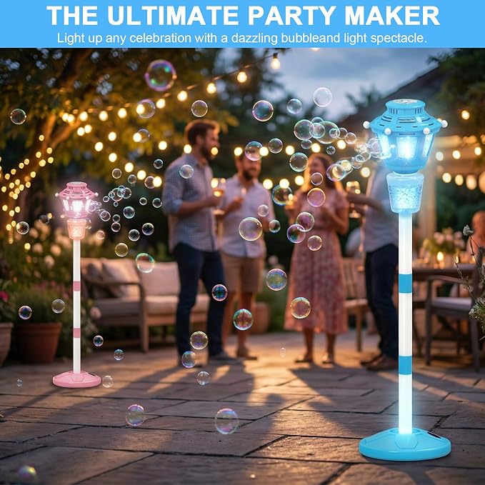 Bubble Machine Maker with Light and Music, Automatic Bubble Blower Summer Bubbles Toys, Rechargeable Automatic Bubble Machine Adjustable Height Outdoor Toy