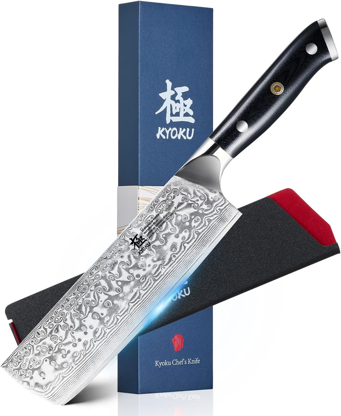 Kyoku Gin Series Nakiri Knife, 7" Vegetable Knife, Japanese VG10 Damascus Stainless Steel Kitchen Knife with Silver Ion Blade G10 Handle & Mosaic Pin