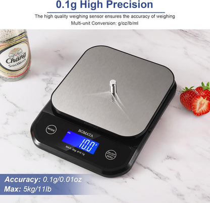 BOMATA Waterproof Kitchen Scale, 0.1g/0.01oz High Precision, 5kg/11lb, Washable, USB Rechargeable, Digital Scale for Food,Cooking, Baking, Weight Loss