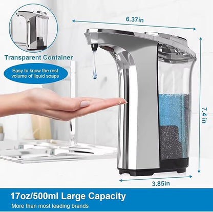 Automatic Soap Dispenser, Touchless Dish Soap Dispenser 17oz/500ml with USB Rechargeable Battery Infrared Sensor, 5 Adjustable Soap Levels, Liquid Hand Soap Dispenser (Silver, 17oz/500ml)
