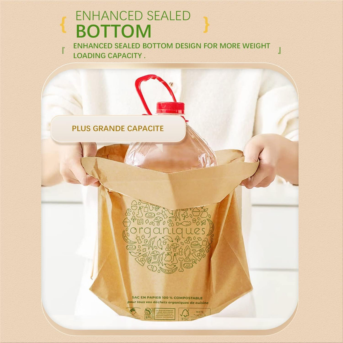 HYTREND-Kitchen Food Waste Bag-120 Bags-%100 Compostable paper Bag - Leak Resistant- Plastic Free - Small-Certified by BNQ and BPI