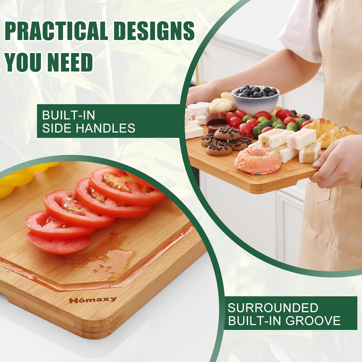 Homaxy Organic Bamboo Cutting Boards Set for Kitchen Set of 2, Wooden Cutting Board Set with Juice Groove and Handles