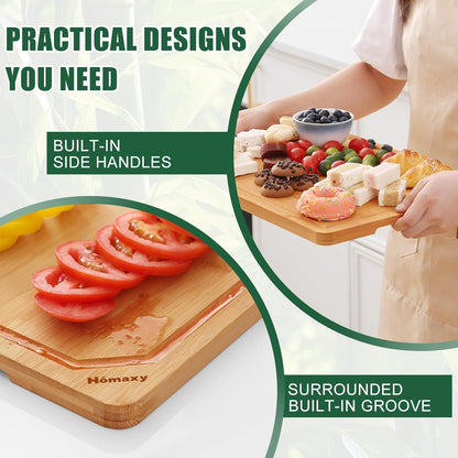 Homaxy Organic Bamboo Cutting Boards Set for Kitchen Set of 2, Wooden Cutting Board Set with Juice Groove and Handles