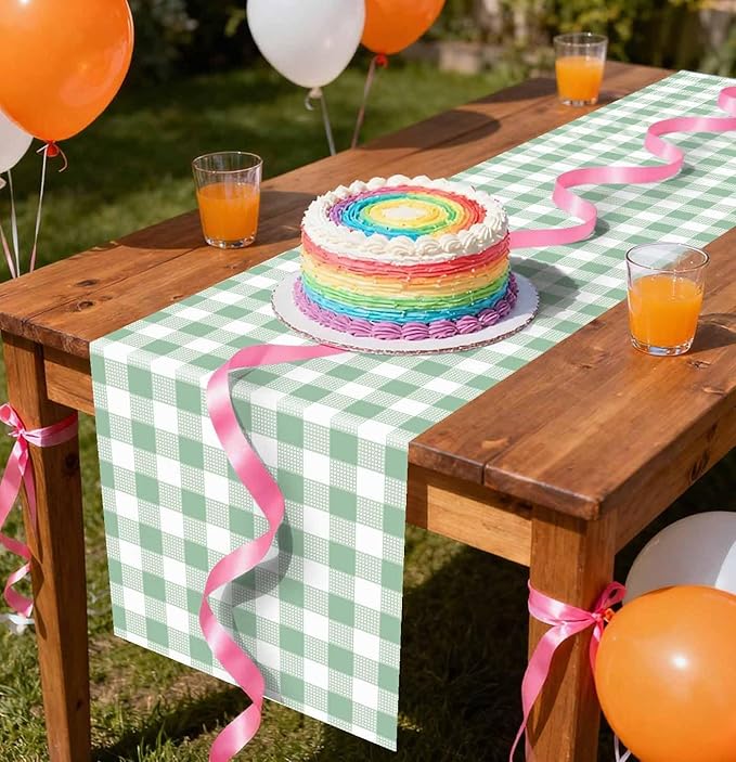 12 Pcs Sage Green and White Checkered Table Runner Plastic 14 x 108 Disposable Sage Green Gingham Table Runner for Birthday Wedding Baby Shower Party Table Centerpiece Decorations