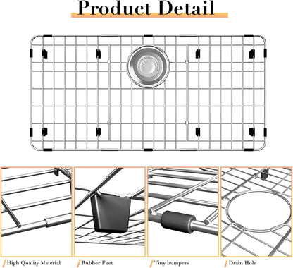 27.5’’ x 13.5’’ Stainless Steel Sink Protector, Sink Protectors for Kitchen Sink, Sink Grid, Sink Grate for Bottom with Rear Drain, Metal Sink Rack for Bottom of Sink with Corner Radius