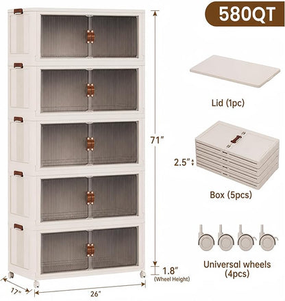 SAILUN 145Gal/580Qt Stackable Storage Bins Folding Collapsible Storage Bins with a Lid, Closet Organizers and Storage,Blush White 26" W x 17" D x 71" H