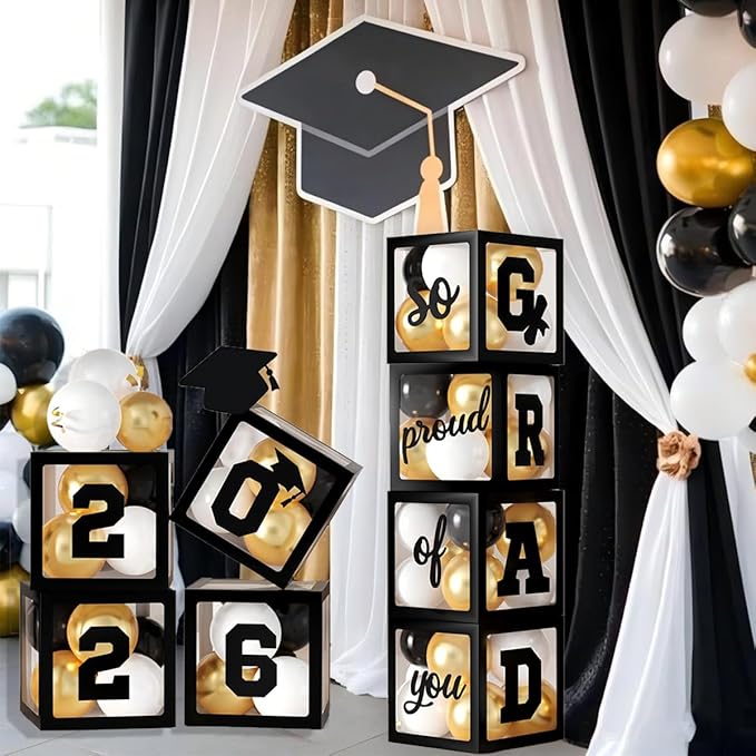 2026 Graduation Party Decorations, 4Pcs Black Boxes with 30Pcs Black White Gold Latex Balloons with Letters "2026 GRAD So Proud of You" for High School College Graduation Party Decorations (Black)