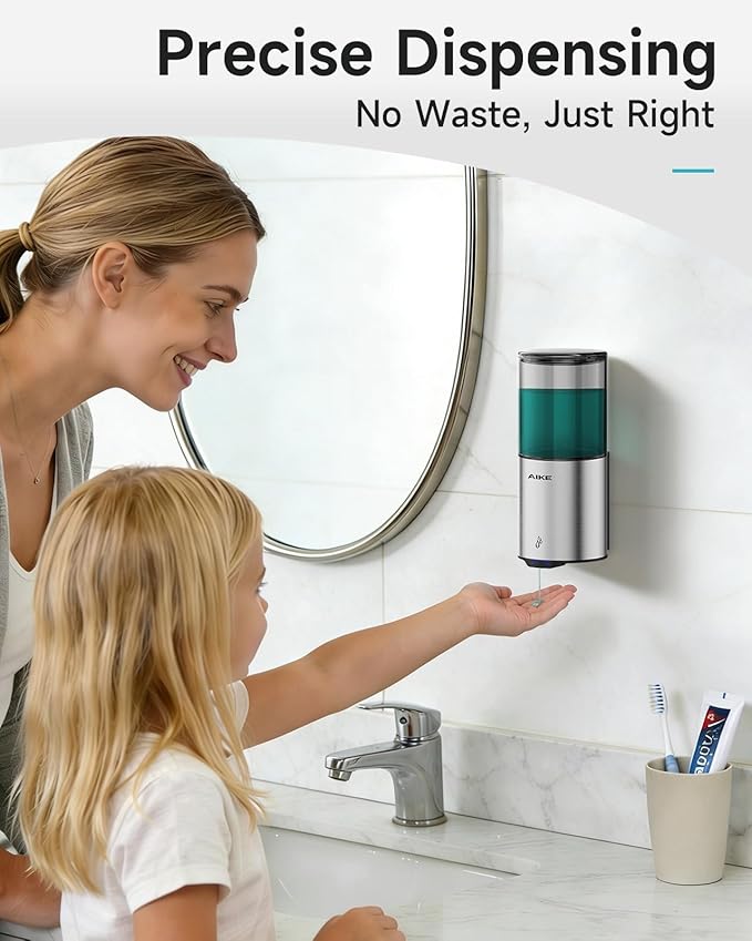 AIKE Automatic Wall Mount Liquid Soap Dispenser for Home and Commercial Bathroom 13.5oz IPX7 Waterproof,Brushed Stainless Steel