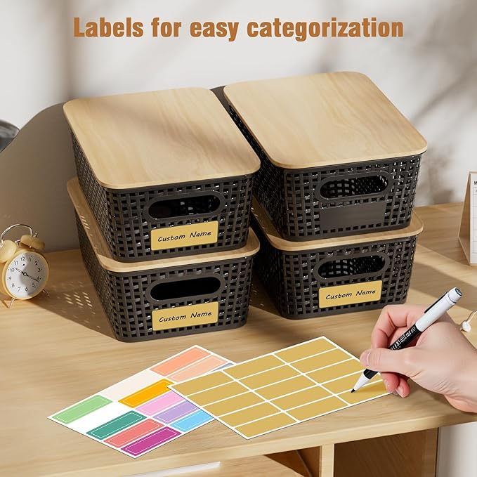 8 Pcs Plastic Storage Bins with Bamboo Lid, Stackable Storage Baskets with Lids & Labels for Organizing, Storage Bins for shelves Office Drawer Cabinet & Pantry Nursery Organization,10.2*7.2*4.1In
