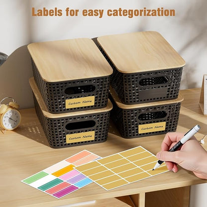8 Pcs Plastic Storage Bins with Bamboo Lid, Stackable Storage Baskets with Lids & Labels for Organizing, Storage Bins for shelves Office Drawer Cabinet & Pantry Nursery Organization,10.2*7.2*4.1In
