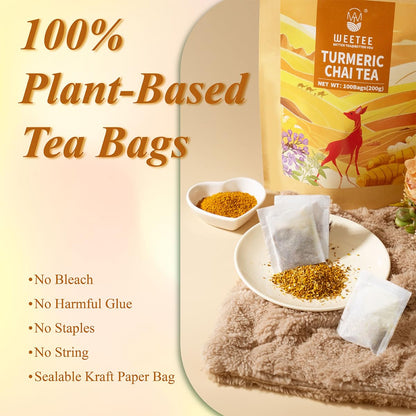 WT WEETEE Turmeric Chai Tea Bags 100 Count, Caffeine-Free Ginger Spiced Tea | Warming &amp; Spicy Spice Herbal Blend with Real Cinnamon, Cardamom &amp; Black Pepper | Smooth, Balanced &amp; Naturally Sweet