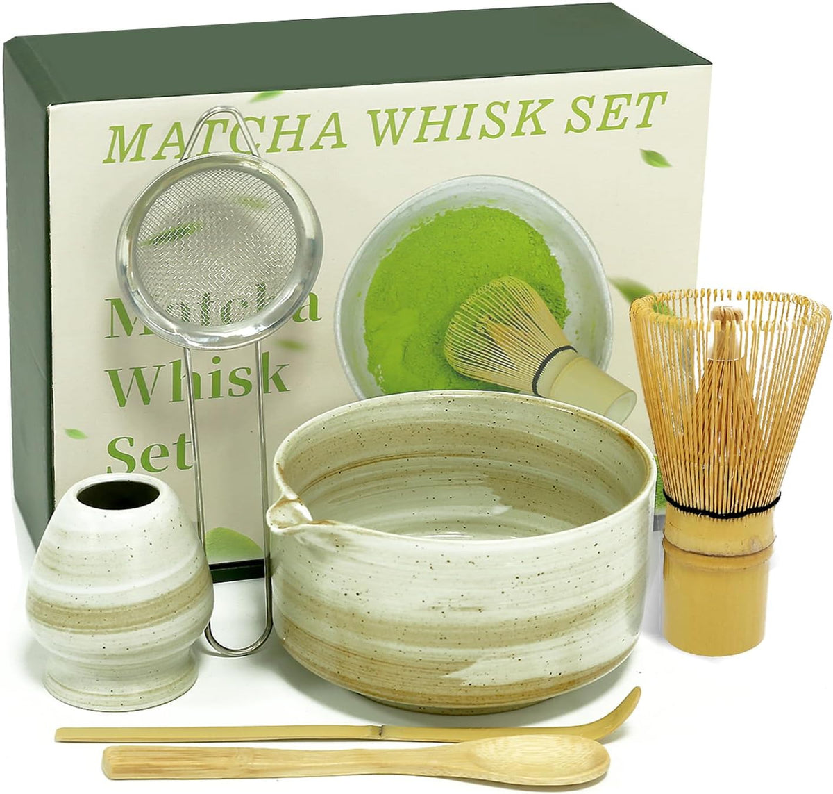 Matcha Whisk Set, Matcha Set, 6 Pieces, with Bamboo Whisk, Ceramic Bowl & Sifter Complete Matcha kit Tea Includes Scoop & Spout Bowl
