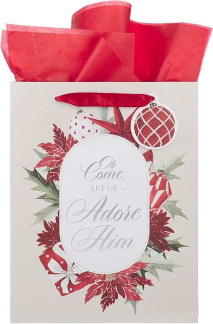 Christian Art Gifts Large Portrait Inspirational Scripture Christmas Gift Bag, Tag & Wrapping Tissue Paper Set for Men & Women: Let Us Adore Him, Sturdy Satin Ribbon Handles, Beige & Red Poinsettia