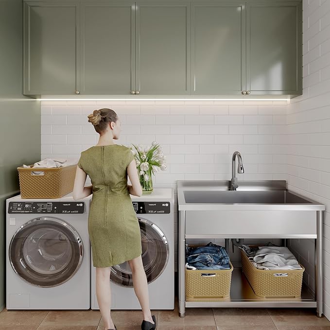 Stainless Steel Utility Sink, Large Freestanding Laundry Sink with Pull-out Faucet for Kitchen, Bathroom, Laundry Room, Garage, Outdoor/Indoor Use, Pet Cleaning, D21.65 x W35.43 x H36.61 inch