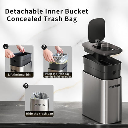 MRBIN Stainless Steel Motion Sensor Bathroom Trash Can, 10L / 2.6gal Slim Smart Toilet Waste Basket with Lid, Automatic Touchless Kitchen Bucket for Narrow Restroom, Vanity, Rv, Eclipse Grey
