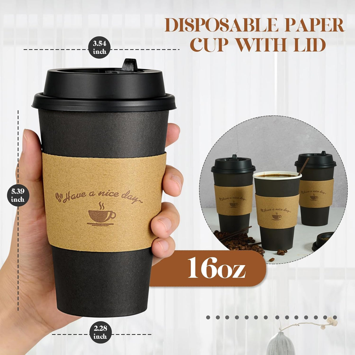 Litopak 100 Pack 16 oz Paper Coffee Cups with Lids, Black Disposable Coffee Cups with Lids, Sleeves and Stirring Sticks, for Parties, Picnic, Travel