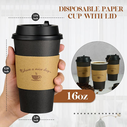 Litopak 100 Pack 16 oz Paper Coffee Cups with Lids, Black Disposable Coffee Cups with Lids, Sleeves and Stirring Sticks, for Parties, Picnic, Travel