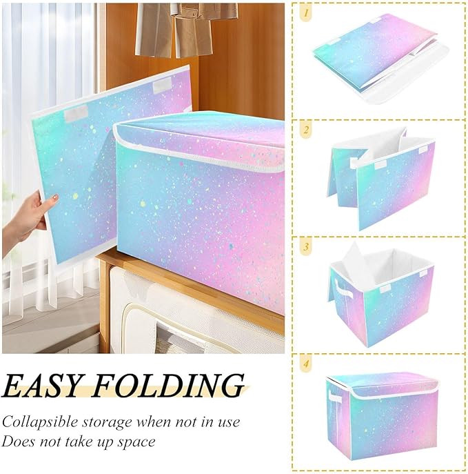 Large Collapsible Storage Bins with Lids, Unicorn Background with Rainbow Storage Baskets Organizer Containers with Handles for Clothes