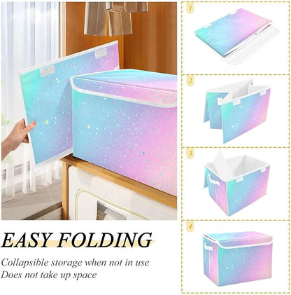 Large Collapsible Storage Bins with Lids, Unicorn Background with Rainbow Storage Baskets Organizer Containers with Handles for Clothes