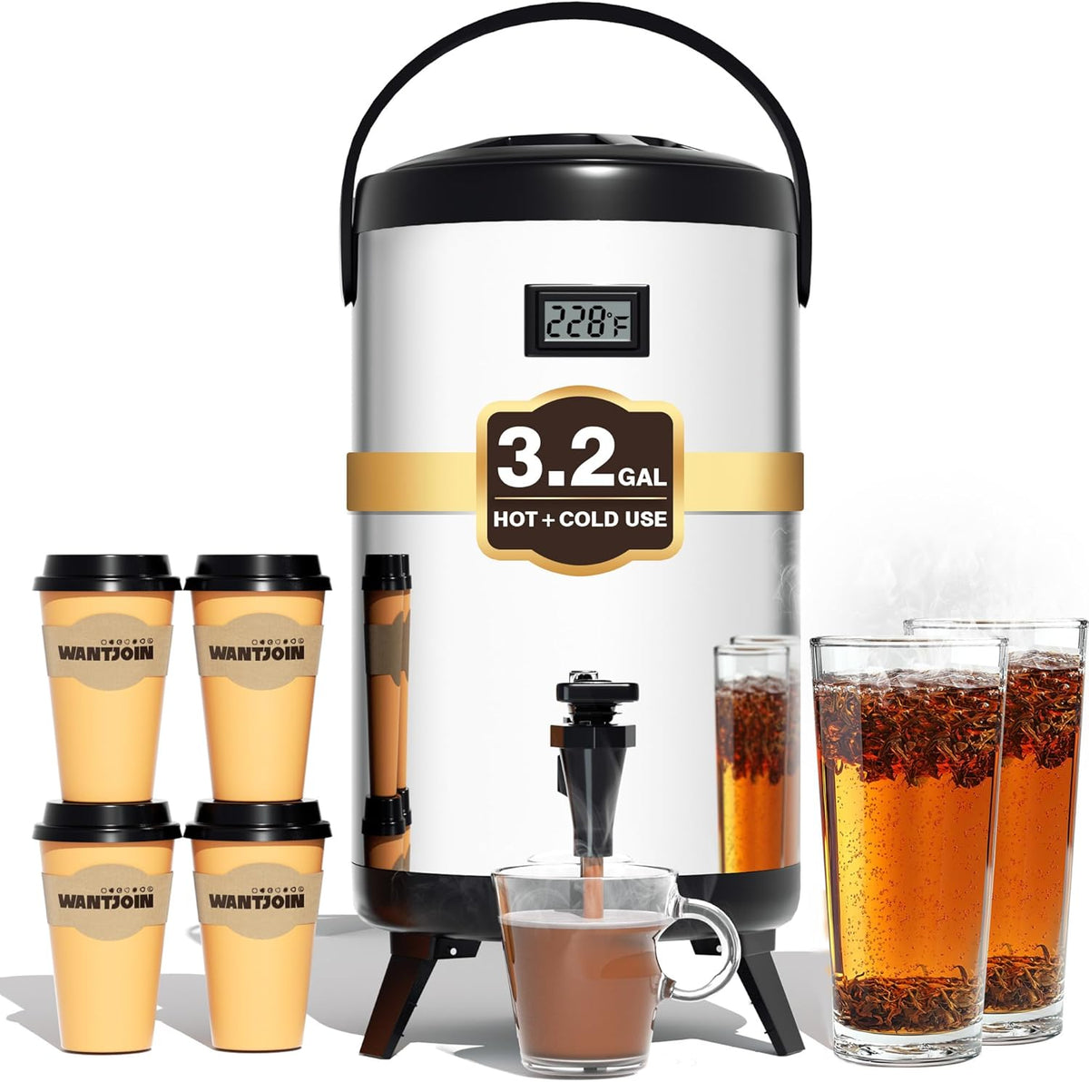 WantJoin Insulated Beverage Dispenser-75 Cup Hot&Cold water Urn for Catering-Stainless Steel Premium 12 L/3.2 Gallon Hot Drink Dispenser with Spigot