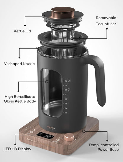 Electric Tea Kettle, INTASTING Glass Electric Kettle with tea Infuser and Precise knob temperature control, 1200W Fast Heating, BPA-Free, Easy to Clean, for Tea and coffee, 1 Liter (Wood)