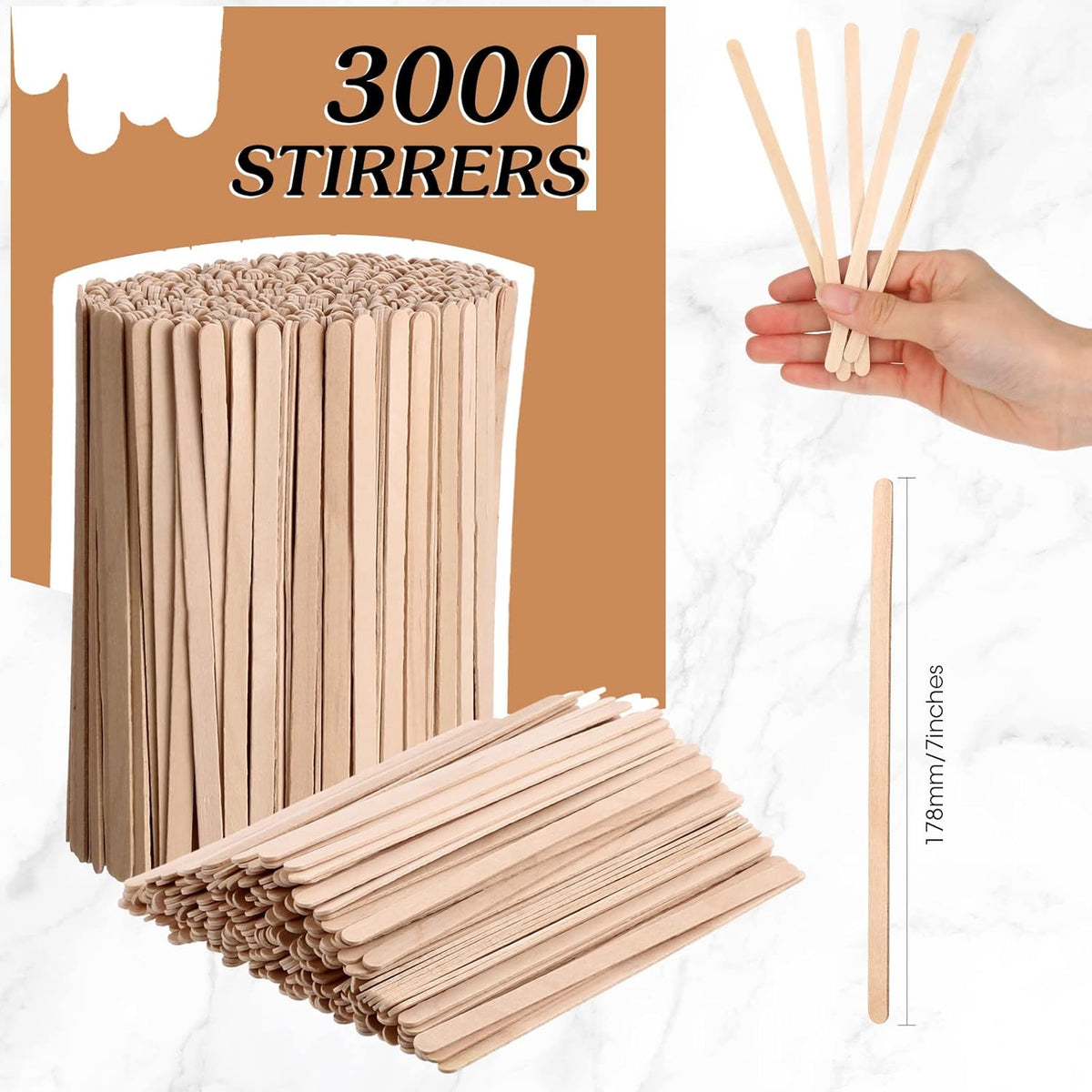 3000 Pack Birch Wood Coffee Stir Sticks 7 Inch Disposable Wooden Coffee Stirrers Bulk Cakesicle Sticks Long Tea Stirring Stick Round End Swizzle