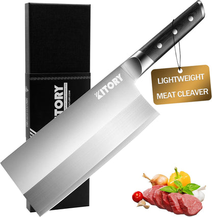 Kitory 7" Lightweight Meat Cleaver, Chinese Chef Knife for Slicing & Chopping (No Bones)- German High Carbon Steel - Ergonomic Pakkawood Handle
