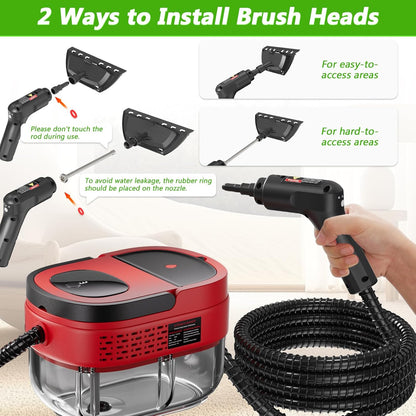 Handheld Steam Cleaner, 2500W High Pressure Steamer for Cleaning, Portable Steam Cleaner with 1.6L Water Tank, 3 Levels Adjustable Handle, Steam Cleaner for Home, Car, Furniture, Bed Bugs (Red)