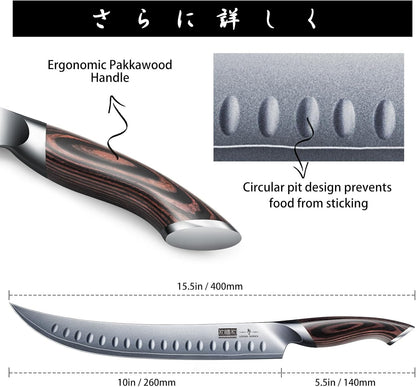 Carving Slicing Knife, 10 Inch Japanese High Carbon Steel Brisket Knife with Ergonomic Pakkawood Handle