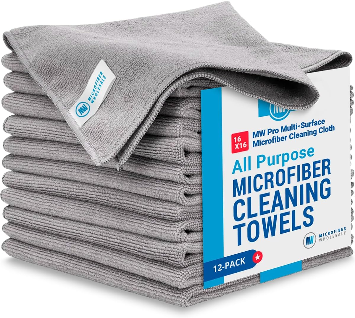 MW Pro Microfiber Cleaning Cloths (12 Pack), Size 16" x 16", All Purpose Microfiber Towels - Clean, Dust, Polish, Scrub, Absorbent (Gray)
