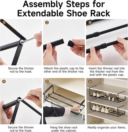 Expandable Hanging Shoe Rack Organizer for Closet, Adjustable Shoe Rack Under Cabinet Shelf, Versatile Under Shelf Storage for Kitchen, Book, Clothing Storage and Organization(Black,4PCS)