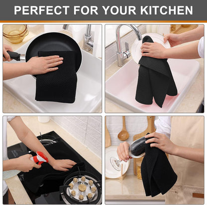 Kitinjoy 100% Cotton Waffle Weave Kitchen Towels, 12-Pack Super Soft and Absorbent Kitchen Dish Towels for Drying Dishes, Kitchen Hand Towels, 13 in x 28 in, Black