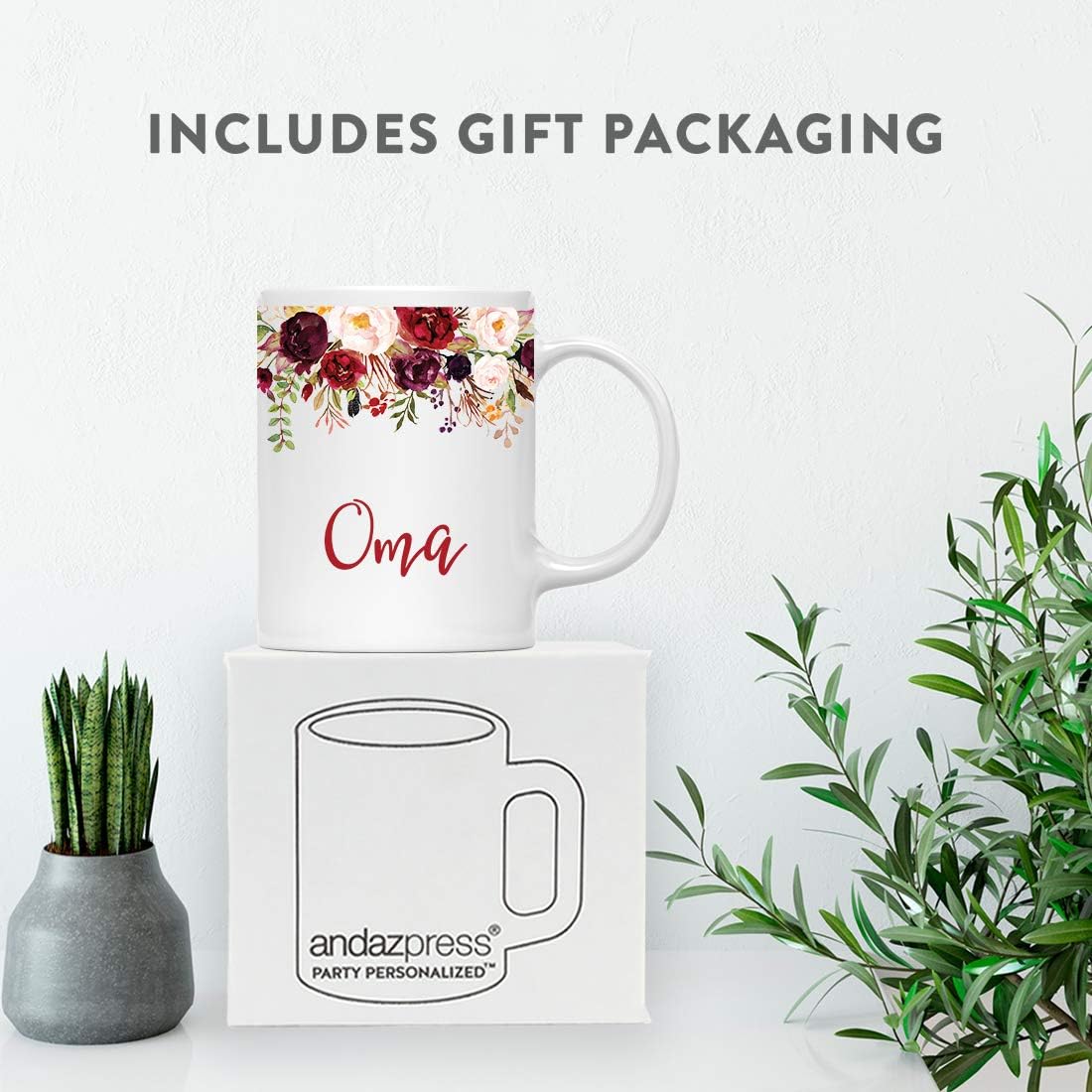 Andaz Press 11oz. Mother's Day Ceramic Coffee Tea Mug Gift, Fall Autumn Marsala Burgundy Flowers Roses Florals, Oma, 1-Pack, Includes Gift Box, Birthday Christmas Gift Ideas