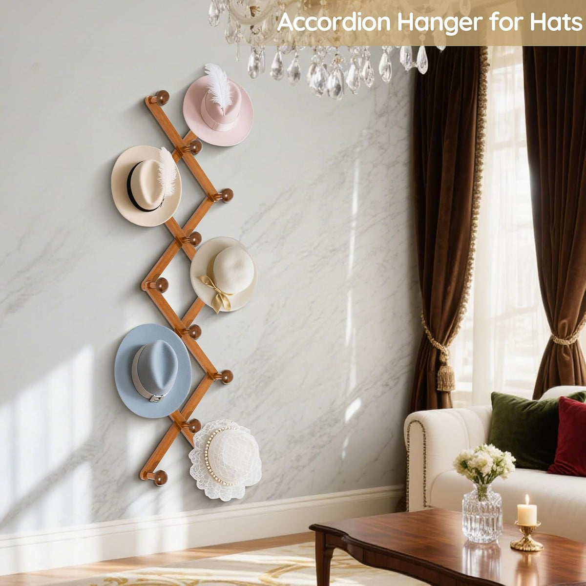 Accordion Wall Hanger 14 Hooks, Expandable Coat Rack Wall Mount for Coats, Hats, Bags, Baseball Caps, Solid Wooden