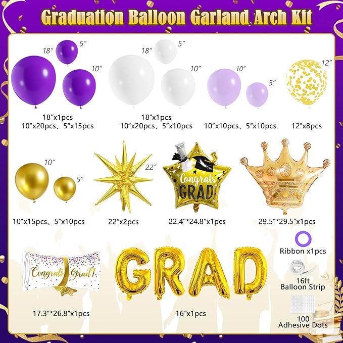 Graduation Balloon Arch Garland Kit Purple Gold White Graduation Decorations 2026 for College High School Class of 2026 Grad Party Prom Decor