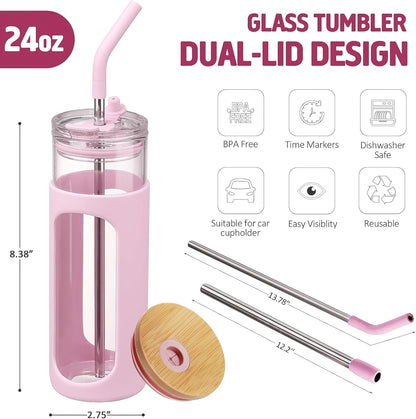 Kodrine 24oz Glass Tumbler with 2 Lids and Straws, Glass Cup With Bamboo Lid and On-the-go Lid, Reusable Iced Coffee Cup, Ideal for Smoothie