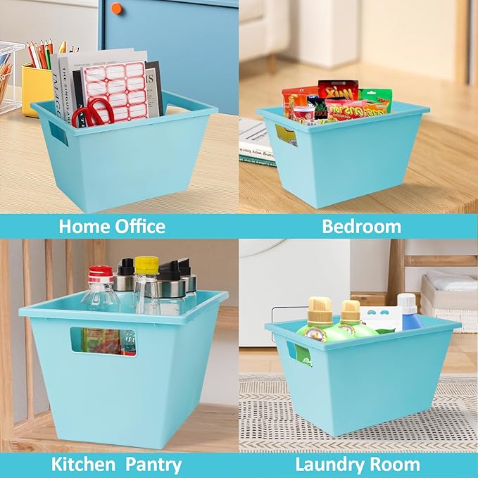 4PC Plastic Stackable Storage Basket - Large Basket Organizer with Handle for Kitchen ,Offices ,Shelving, Pantry,Cabinet and Bathrooms Open Storage Bin for Space Optimization Portability-Blue