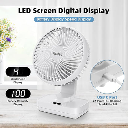 Desk Fan 5.5'' Small Fan Ultra-Silent, 120° Oscillating, 90° Adjustable Head Tilt, with Digital Display 4 Speed Portable USB Rechargeable Table Fan Ideal for Home, Bedroom, Office (White)