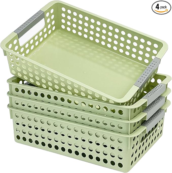 Soddeph 4 Pack Small Plastic Storage Baskets for Organizing, Stackable Bins with Handles for Shelves, Multipurpose Drawer Trays (Green)